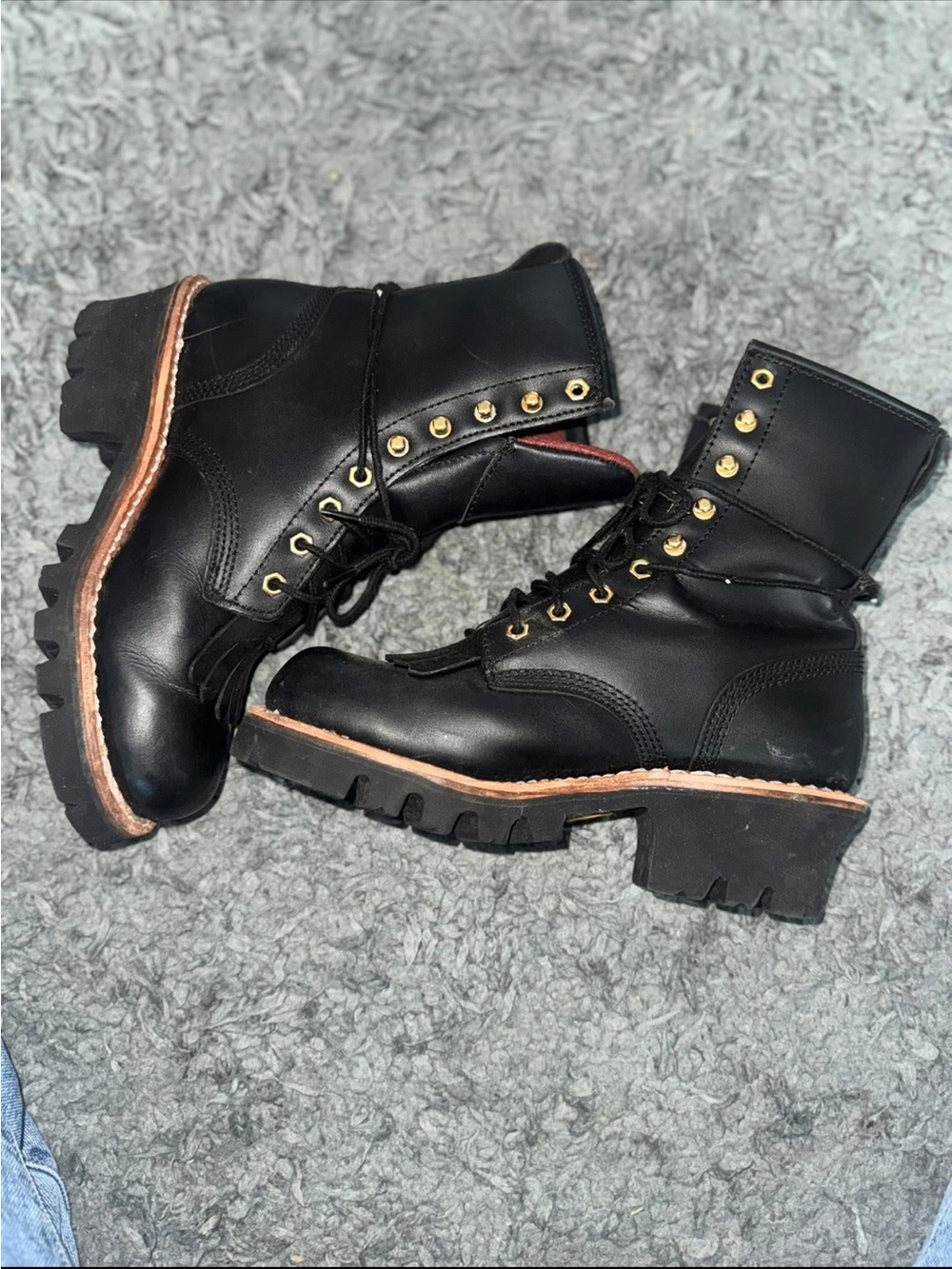 Chippewa Black Leather Lug Sole Lace-Up Boots